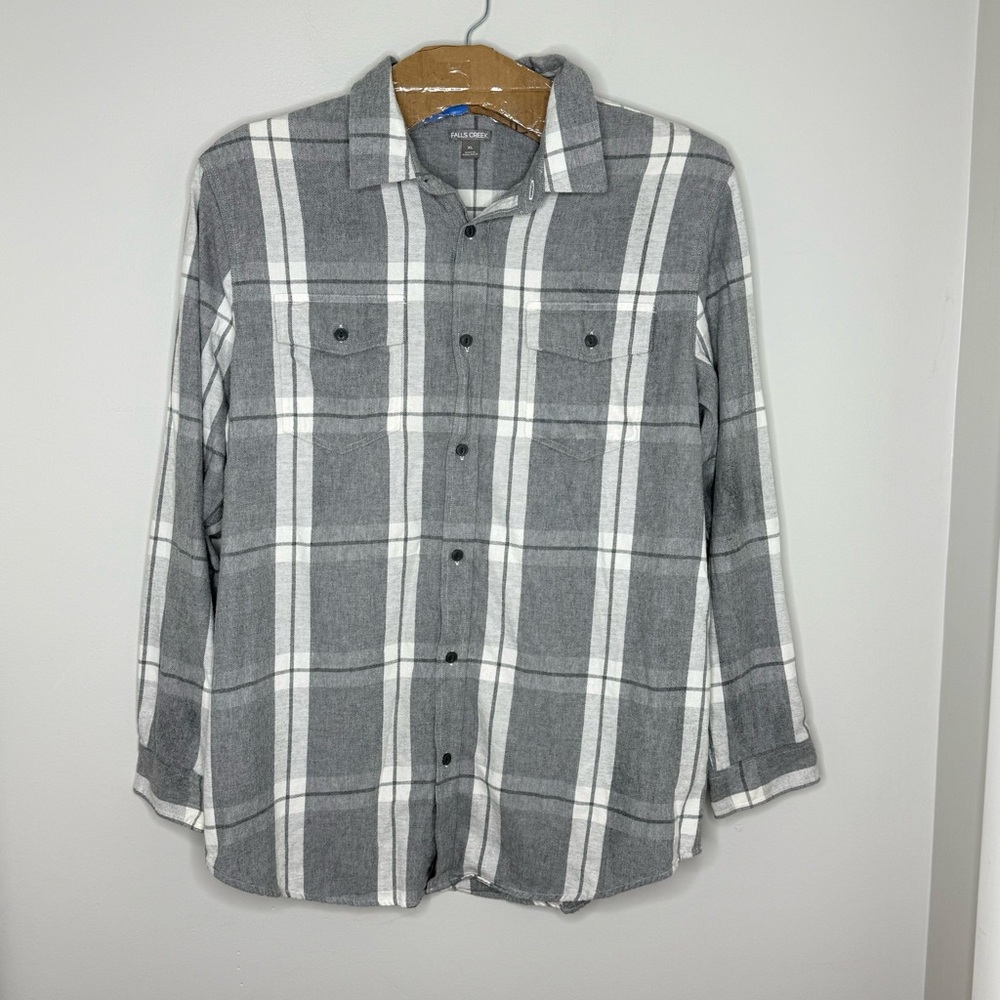 Falls Creek Mens Grey/ White Flannel Shirt size XL button down 100% cotton